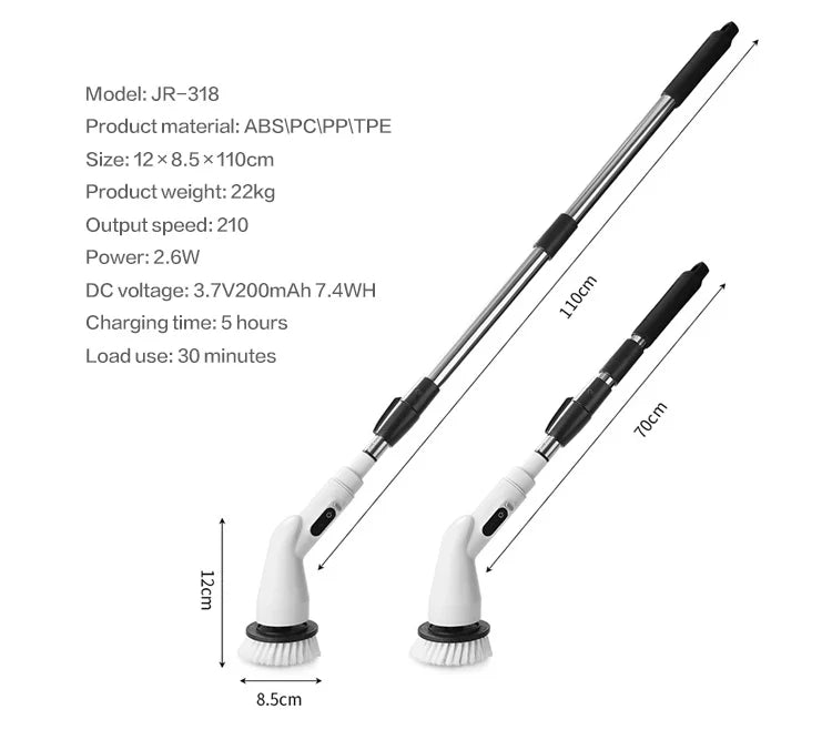 6-in-1 LCD Cordless Electric Cleaning Brush with Long Handle.